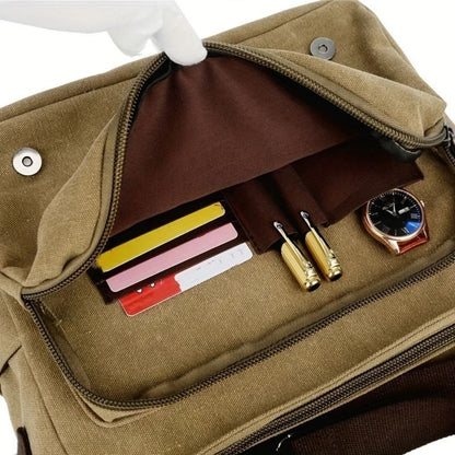 Men's durable canvas shoulder bag. Functional messenger satchel for carrying laptops & documents.