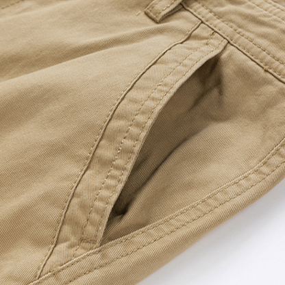 Folded men's durable cargo shorts, highlighting quality and readiness for adventure and everyday use.