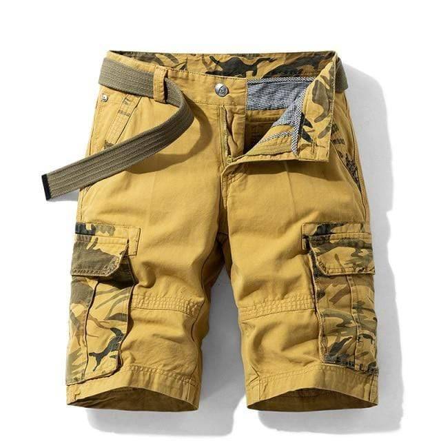 Close-up of multi-pocket design on men's cotton cargo shorts, perfect for camping gear.