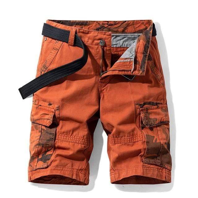 Side view of men's durable cotton cargo shorts, highlighting spacious pockets.