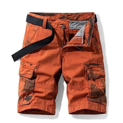 Side view of men's durable cotton cargo shorts, highlighting spacious pockets.