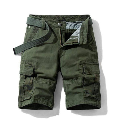 Folded blue men's cargo shorts made from comfortable cotton, ready for adventure.