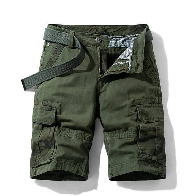 Folded blue men's cargo shorts made from comfortable cotton, ready for adventure.