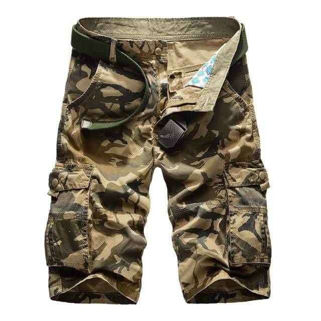 Detailed shot of robust stitching on men's hiking cargo shorts, ensuring durability.