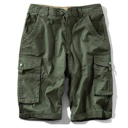 Collection of men's cotton cargo shorts in various colors, essential outdoor apparel.
