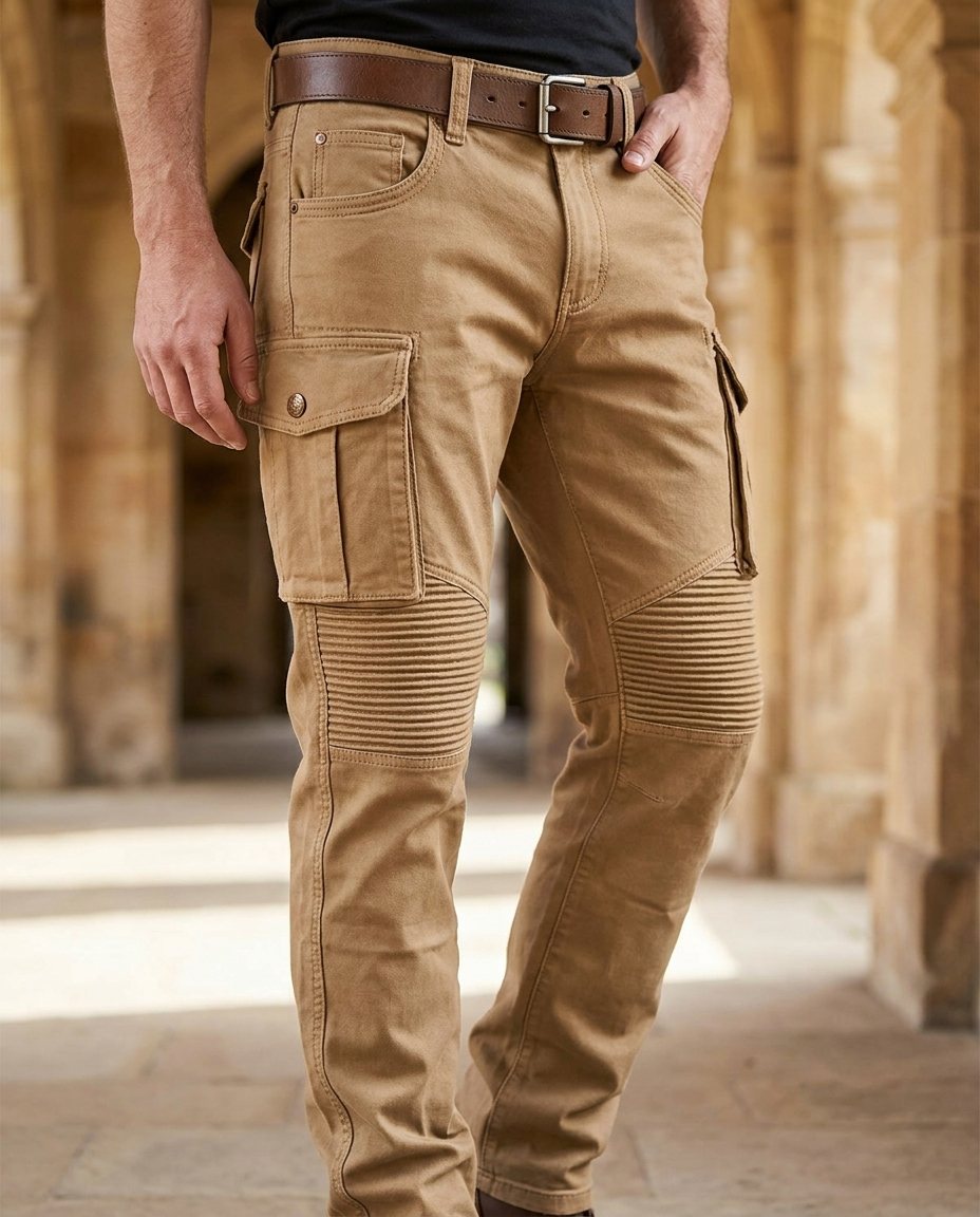 Khaki men's multi-pocket utility cargo pants, ideal for work, tactical use, and outdoor wear.