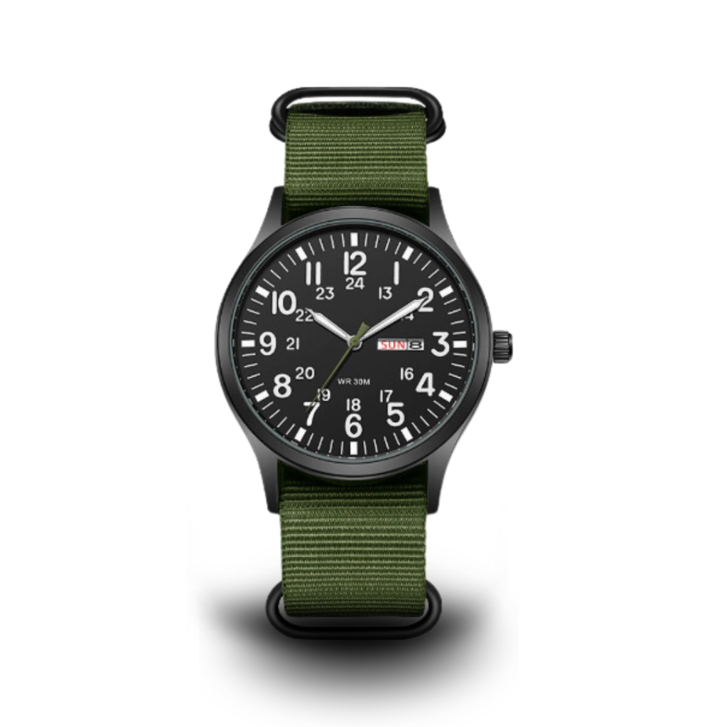 Men's durable field watch with black dial and rugged strap, ideal for outdoor adventures.