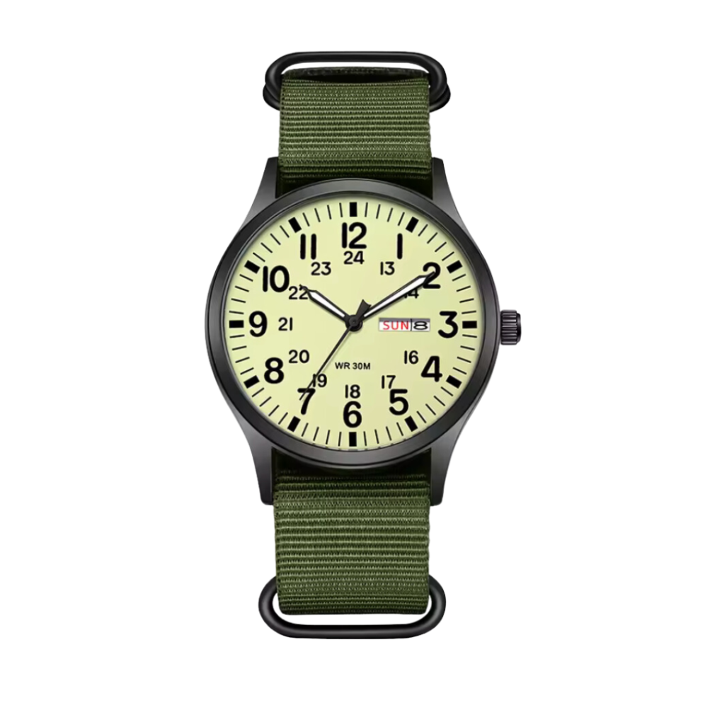 Luminous men's field watch for outdoor adventures, showing glowing hands & markers in low light.