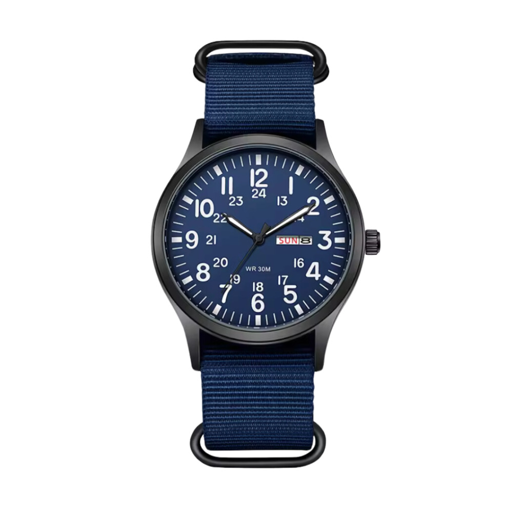 Military-style men's field watch, water-resistant with a quartz movement, perfect for active wear.