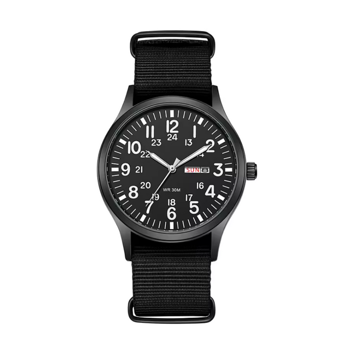 Close-up of men's durable field watch showcasing luminous markers, rugged bezel, and strong watch strap.