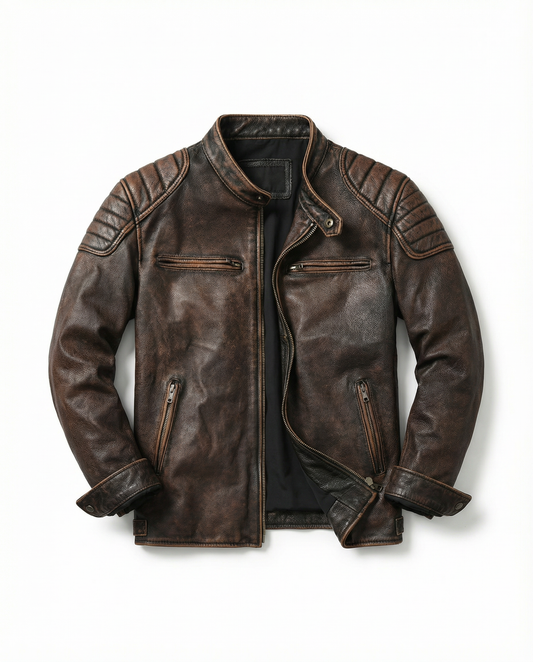 Men's durable full-grain brown leather jacket, classic rugged outerwear for everyday wear.