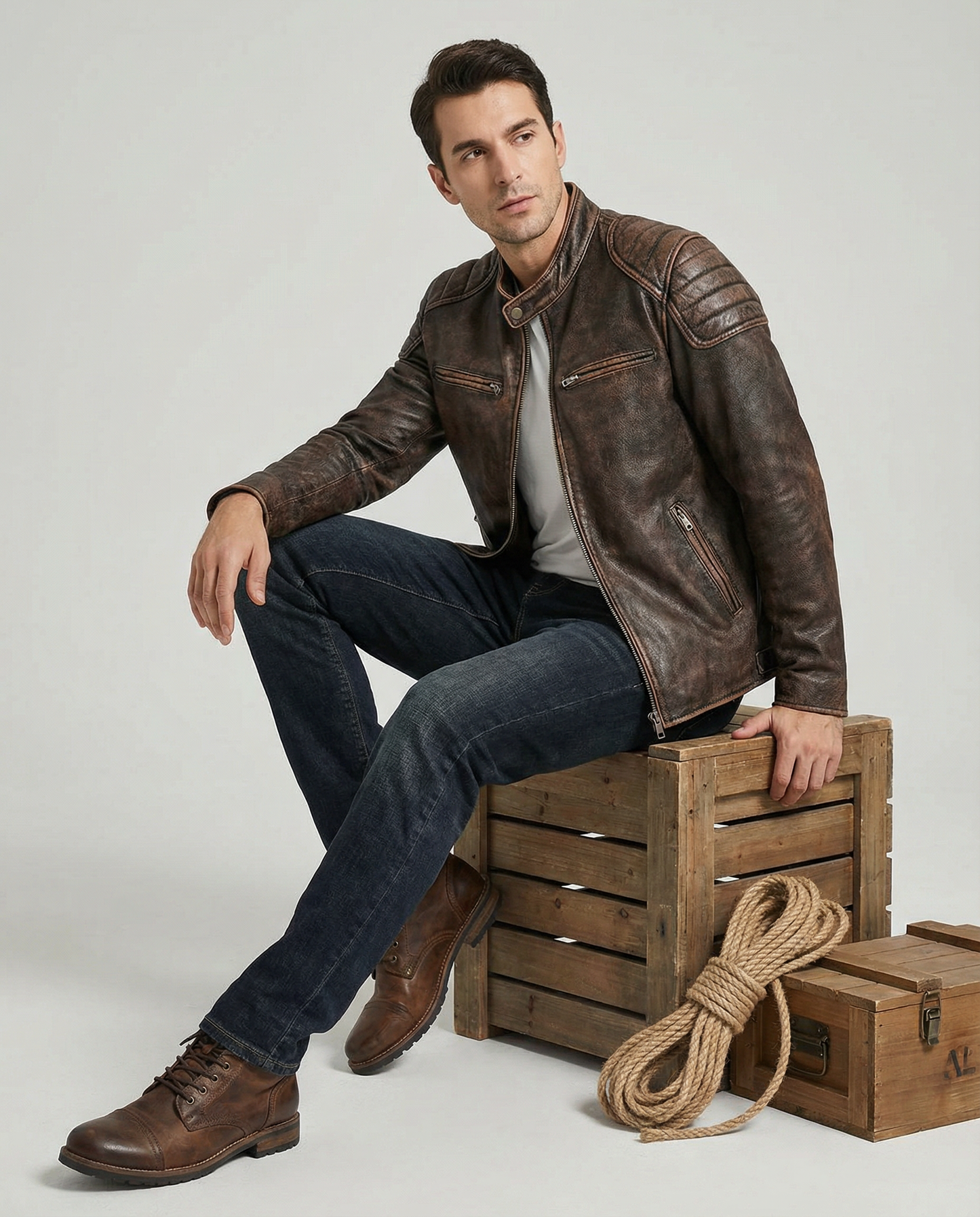 Classic black men's full-grain leather jacket, durable outerwear perfect for timeless rugged style.