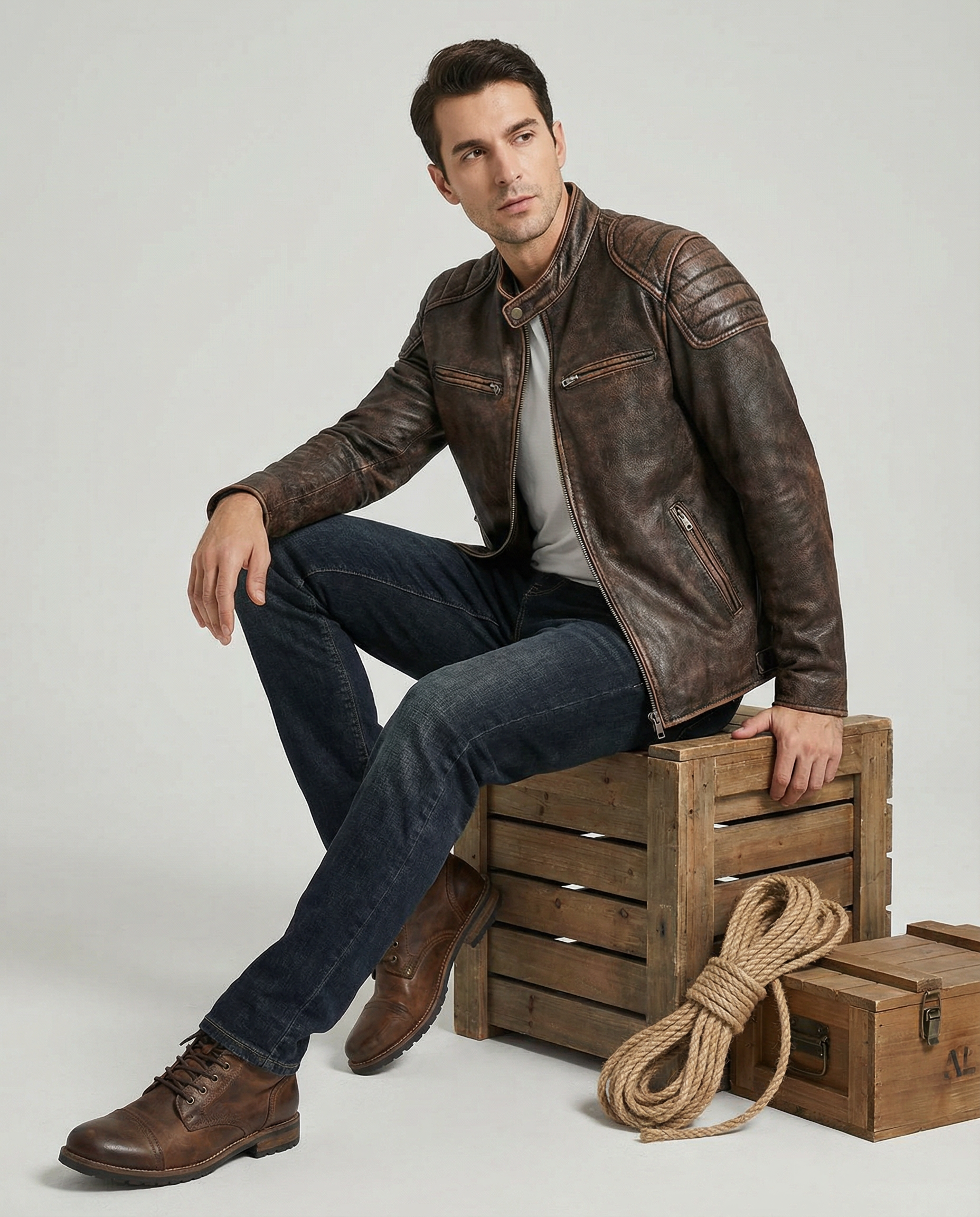 Classic black men's full-grain leather jacket, durable outerwear perfect for timeless rugged style.