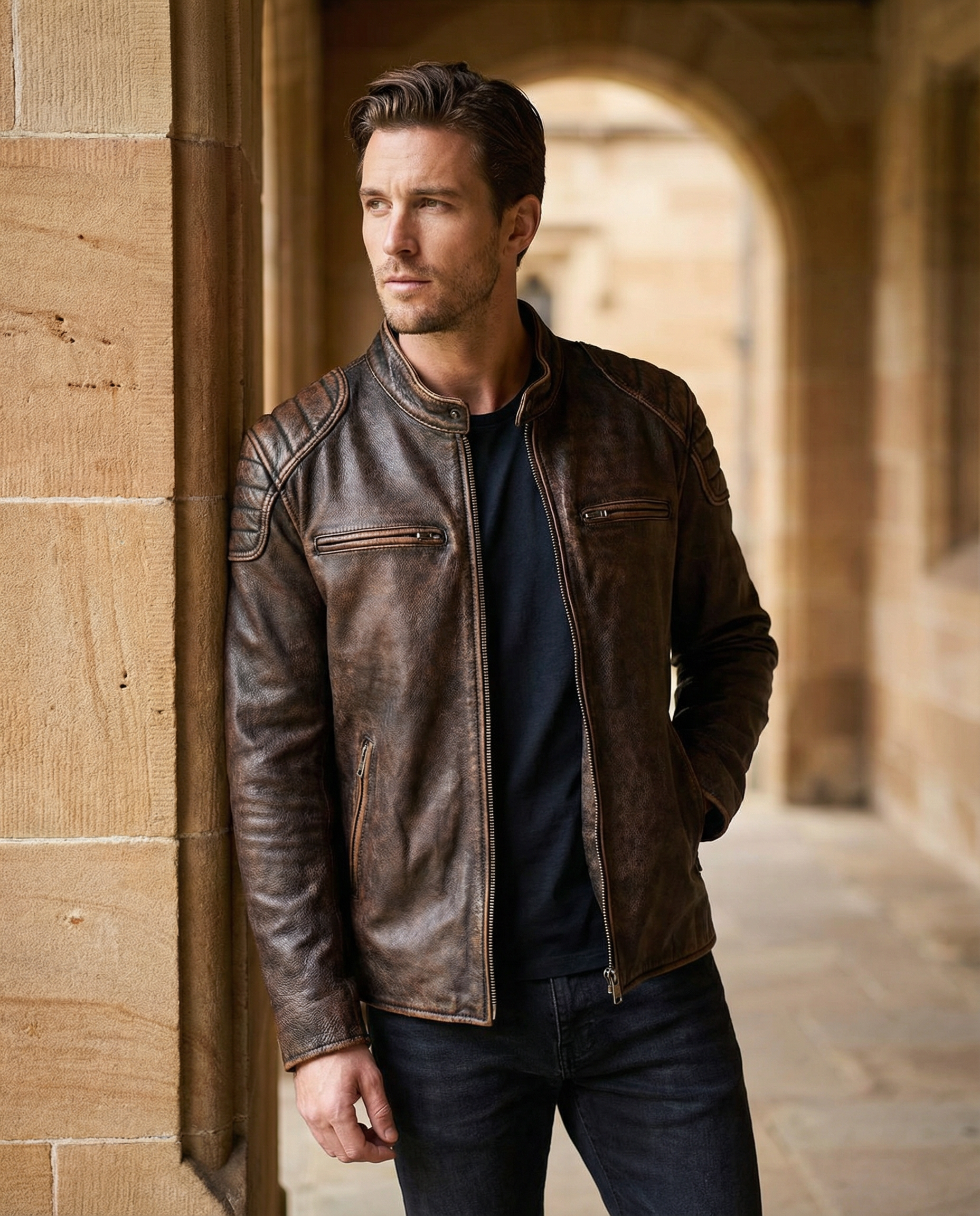 Man wearing a durable full-grain leather jacket, ideal for rugged everyday outdoor adventures.