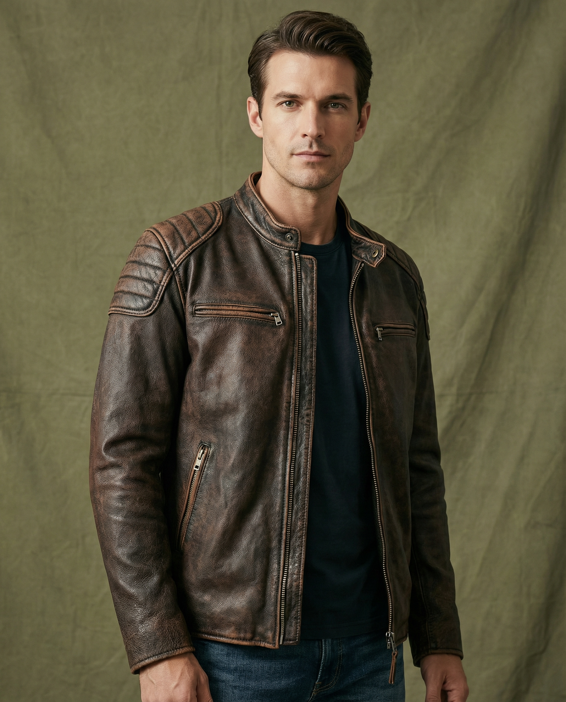 Textured brown full-grain leather men's jacket, durable outerwear for a classic everyday style.