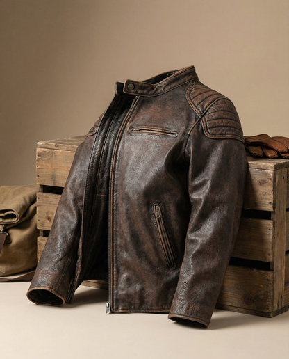 Versatile men's full-grain black leather jacket, durable and classic for everyday rugged wear.