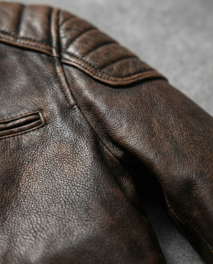 Rugged men's durable full-grain leather jacket, perfect classic outerwear for daily adventures.
