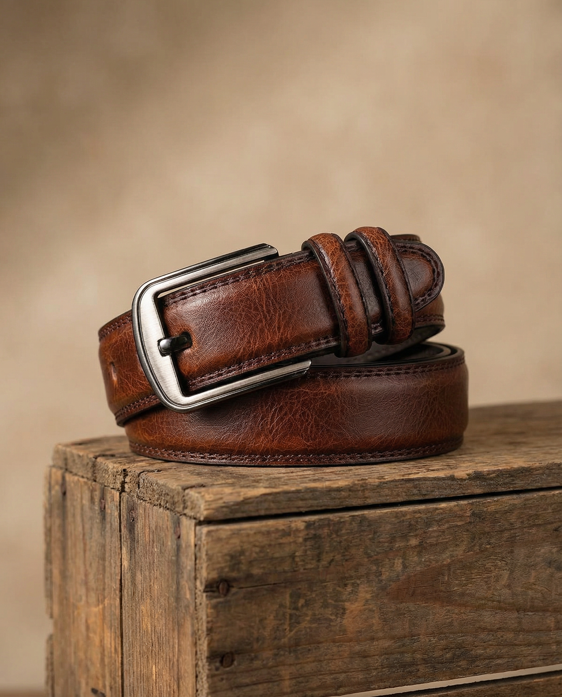 Classic brown men's full-grain leather belt, durable & perfect for everyday wear. Veg-tanned.