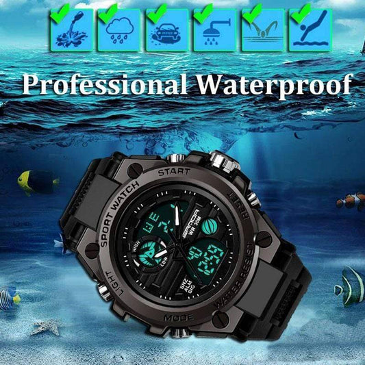 Men's durable outdoor sport watch, black resin band, dual digital-analog display, waterproof, military style