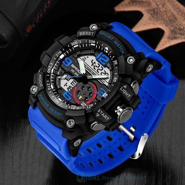 Close-up of the buckle on a men's sport watch resin band, strong and secure for outdoor wear