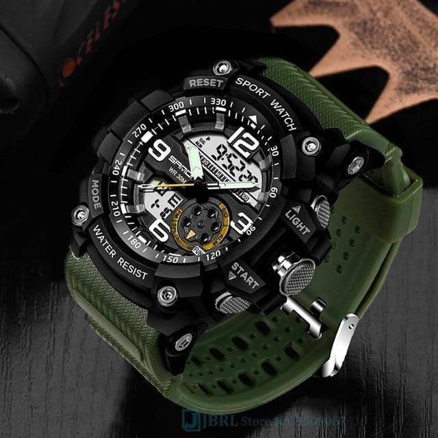 Packaging for men's durable outdoor sport dual display watch, highlighting waterproof and tactical features