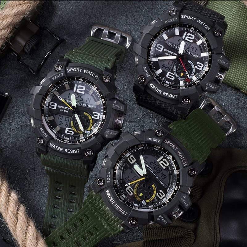 Close-up of men's rugged sport watch, luminous hands, dual display, perfect for outdoor tactical use