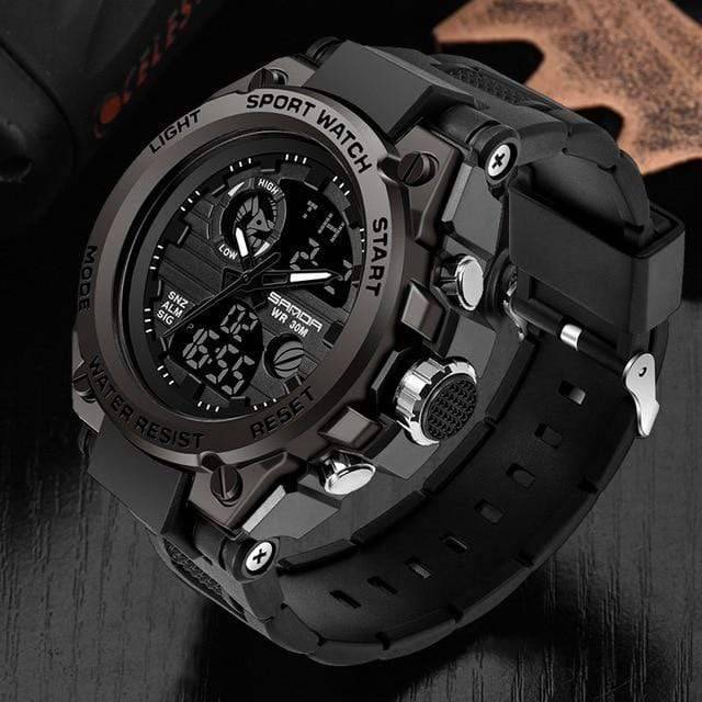 Waterproof men's sport watch on a wrist, showing durable resin band and clear dual time display