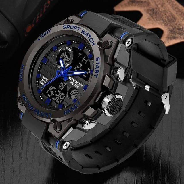 Side view of a men's military-style sport watch, emphasizing robust construction and outdoor gear features