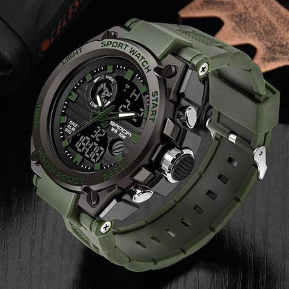 Angled shot of men's tactical sport watch, black dial, dual time zones, water resistant, tough design