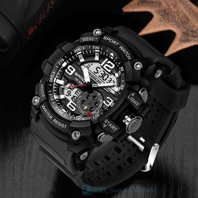 Backlit men's dual display sport watch, clearly visible digits and analog hands for low-light conditions