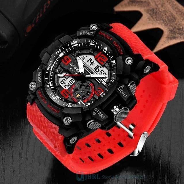 Men's sport watch with alarm function activated, showing digital display for time and date, durable