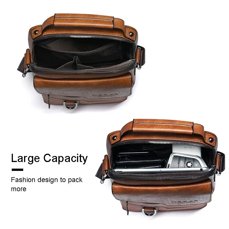 Brown men's cross-body bag with adjustable strap, keeping essentials organized for daily commute.