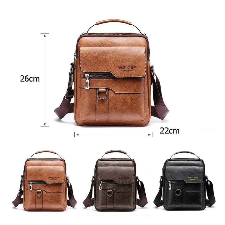 Organized men's messenger bag, black, with adjustable strap, ideal for work, travel, or daily essentials.