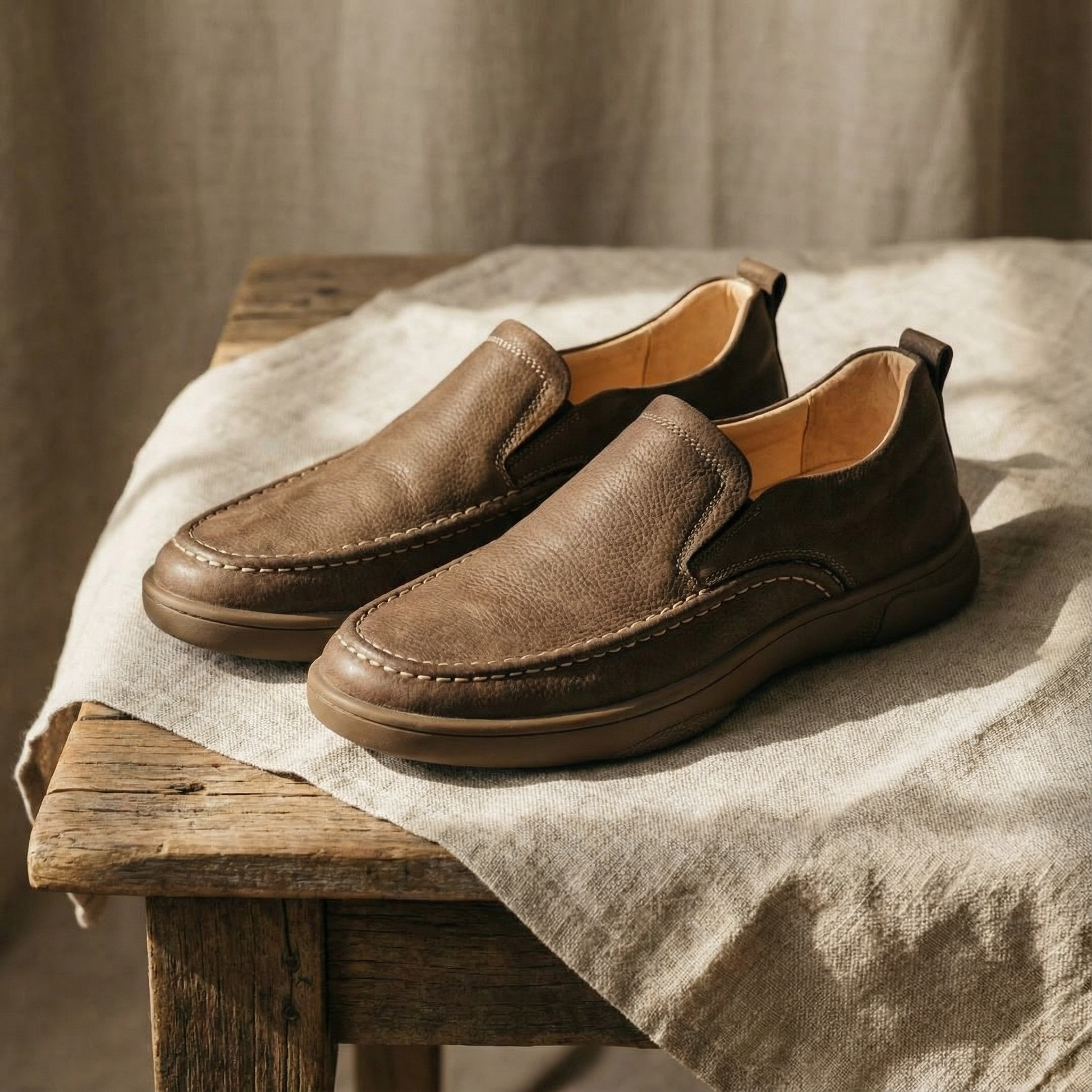 Classic moc-toe men's slip-on loafers, versatile and comfortable for casual fashion.