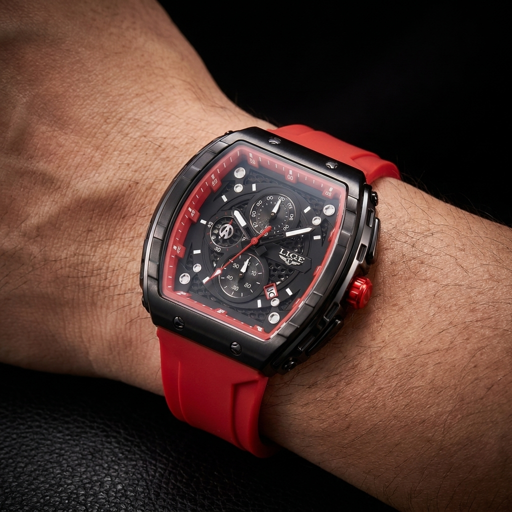 Red sport watch for men with a robust design, silicone strap, and clear barrel dial. An ideal performance watch.