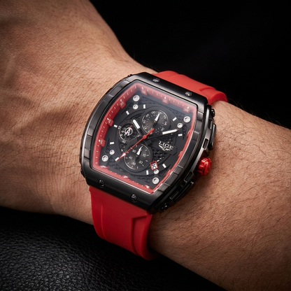 Red sport watch for men with a robust design, silicone strap, and clear barrel dial. An ideal performance watch.