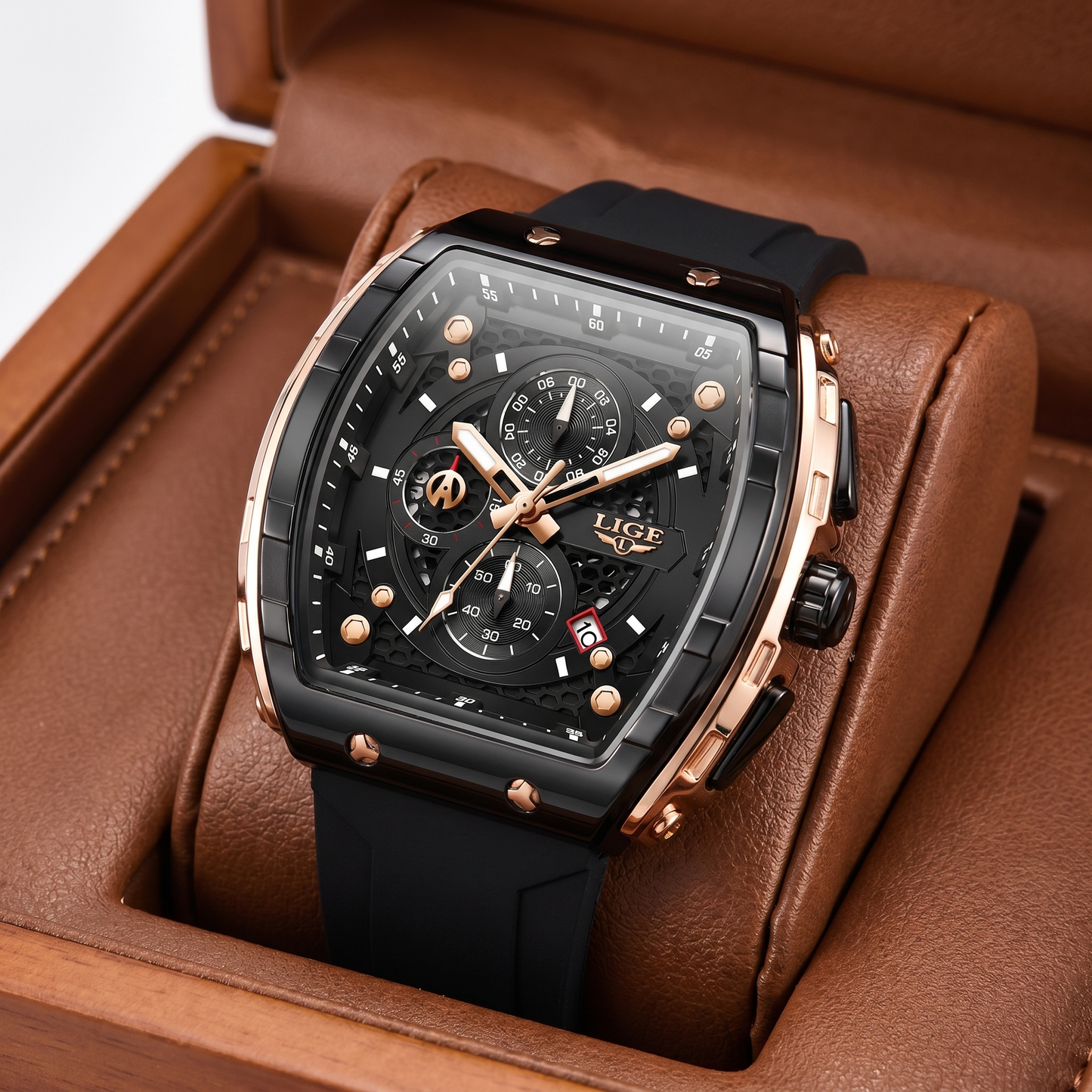 Men's performance watch: durable black barrel dial, luminous display, and comfortable silicone strap. Perfect for sports.