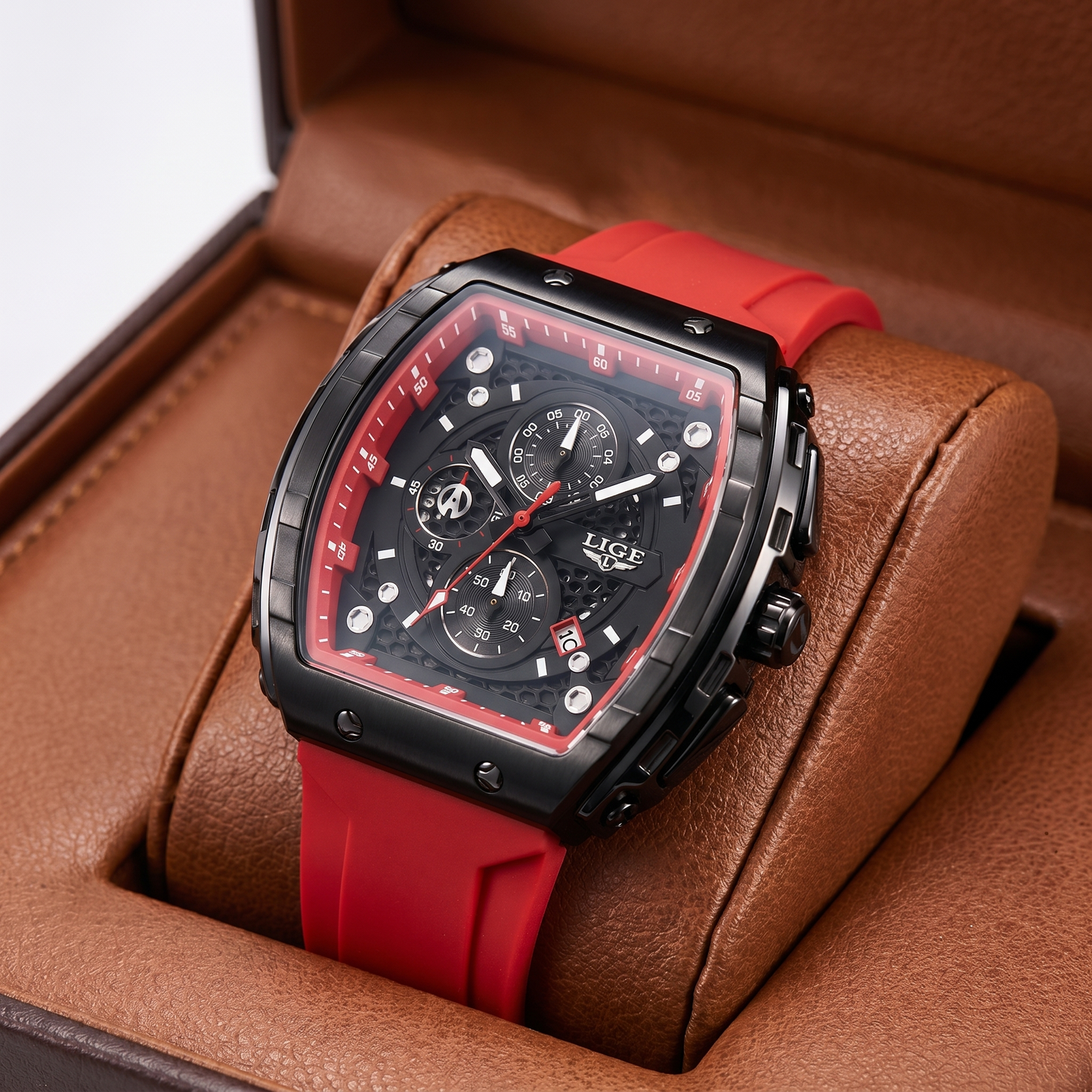 Robust men's everyday sport watch with a durable blue silicone strap, barrel dial, and clear time display.