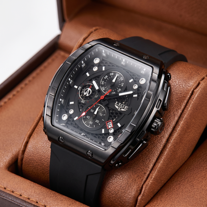 Men's durable sport watch with red silicone strap, luminous features, and a clear calendar display. A performance watch.