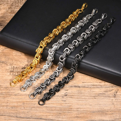 Close-up of a men's forged stainless steel chain bracelet, highlighting durable links & polished finish.
