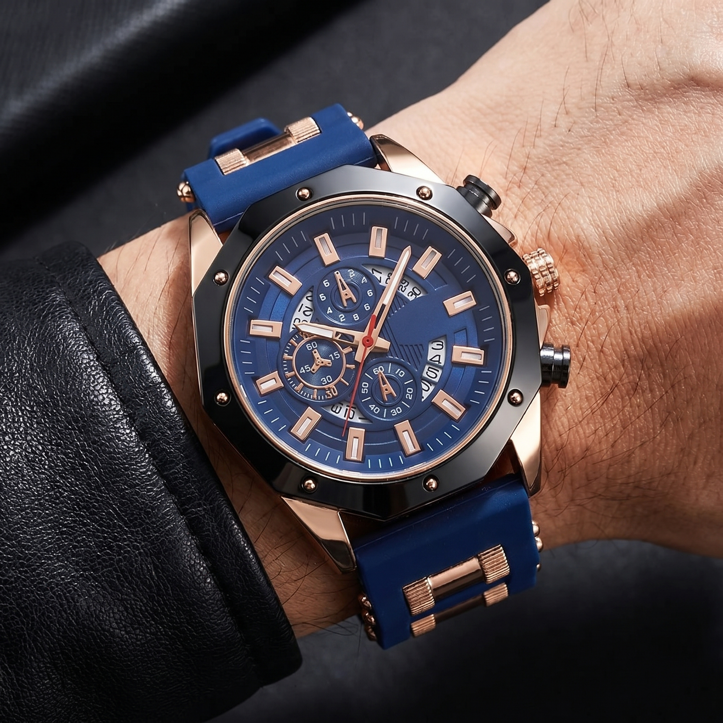 Men's durable stainless steel watch with sapphire crystal, rectangular markers, and blue dial.