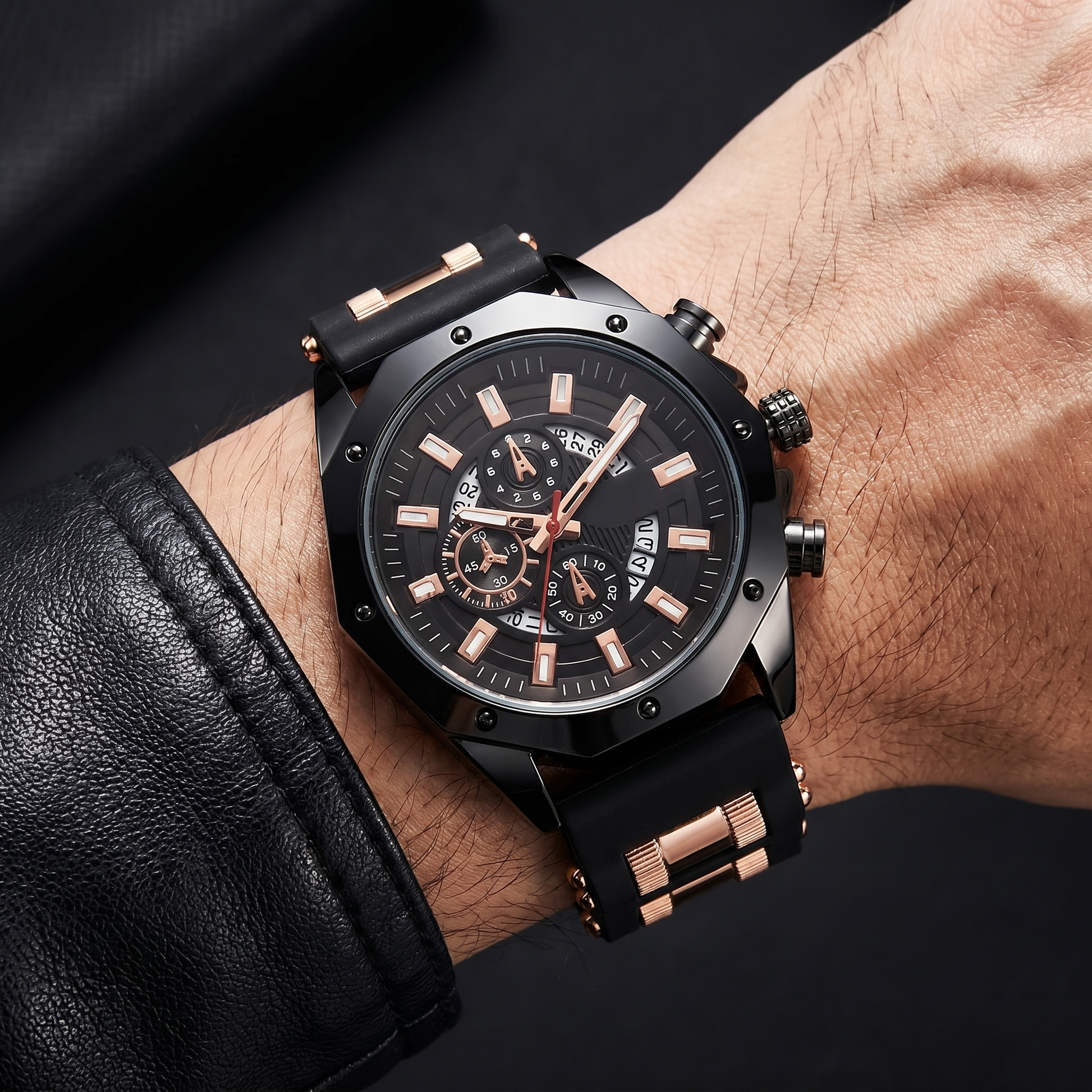 Men's grey dial stainless steel watch, sapphire crystal, rectangular markers, perfect for daily wear.