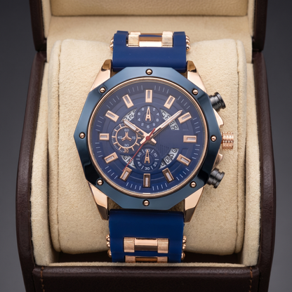 Luxurious men's gold stainless steel watch, sapphire crystal, classic design, elegant timepiece.
