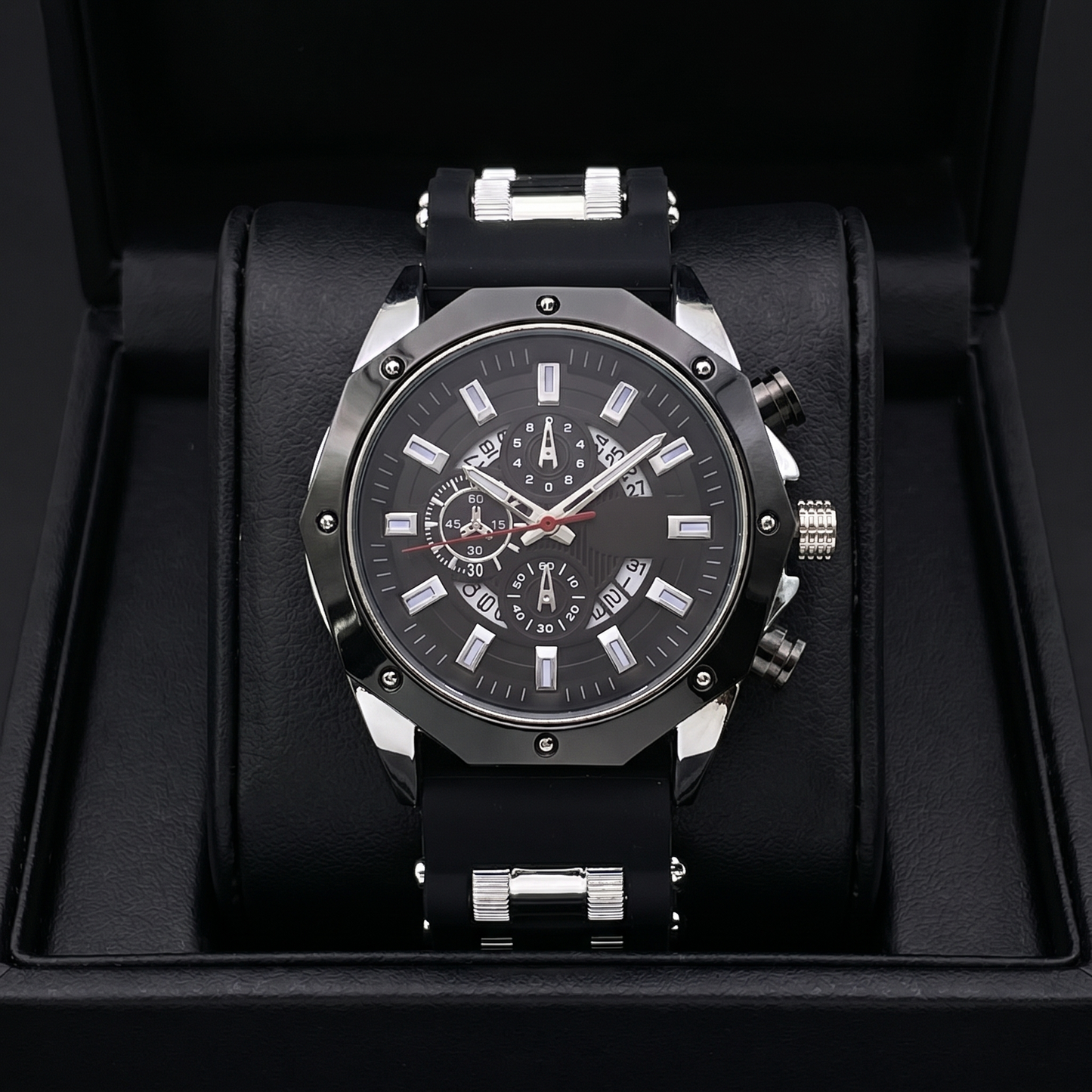 Durable men's black & gold stainless steel watch, sapphire crystal, sleek rectangular markers.