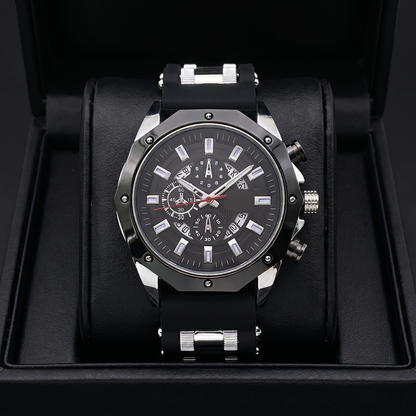 Durable men's black & gold stainless steel watch, sapphire crystal, sleek rectangular markers.