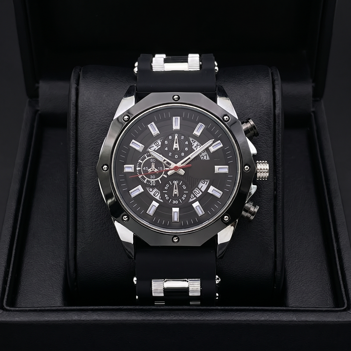Durable men's black & gold stainless steel watch, sapphire crystal, sleek rectangular markers.
