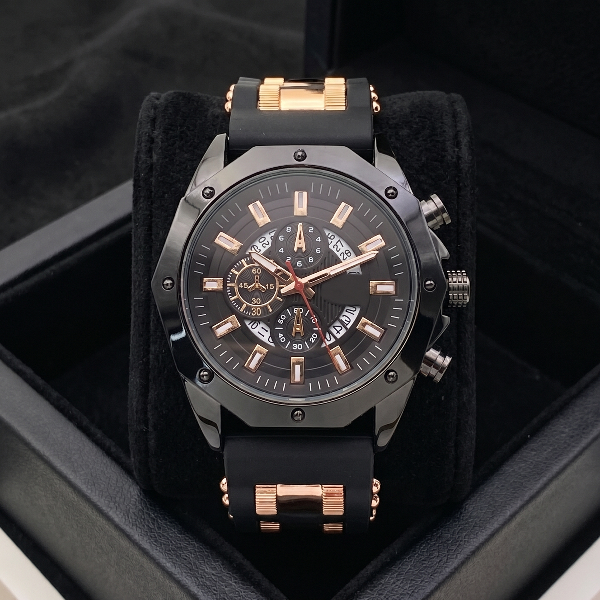 Men's classic stainless steel watch with sapphire crystal and comfortable silicone strap.