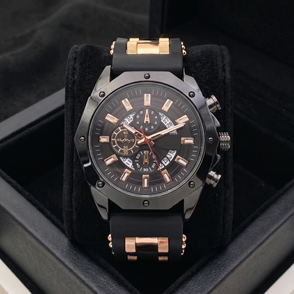 Men's classic stainless steel watch with sapphire crystal and comfortable silicone strap.