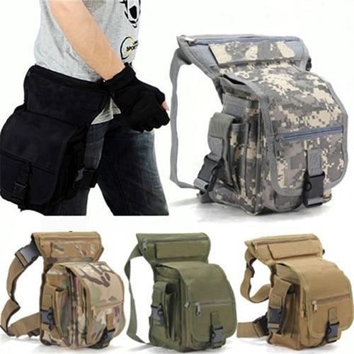 Black tactical drop leg bag for men, durable and water-resistant for outdoor use.
