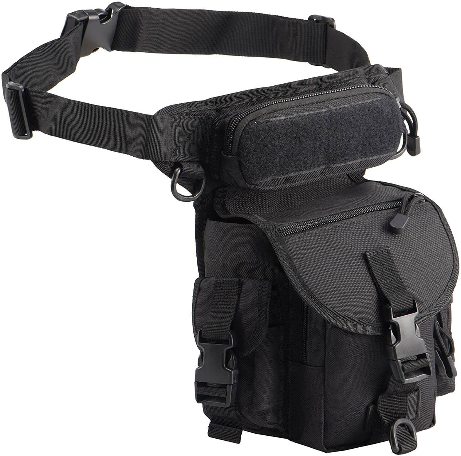 Men's rugged multi-pocket leg bag, water-resistant for hiking, camping, or riding.